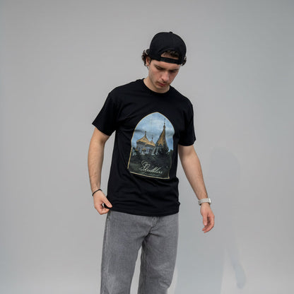 Man wearing black "at heaven's doorsill" T-Shirt