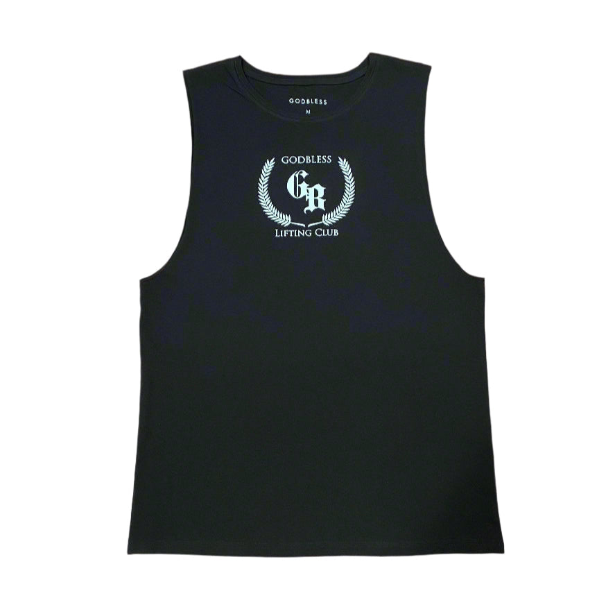 Black tank top with white logo on a white background