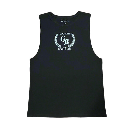 Black tank top with white logo on a white background